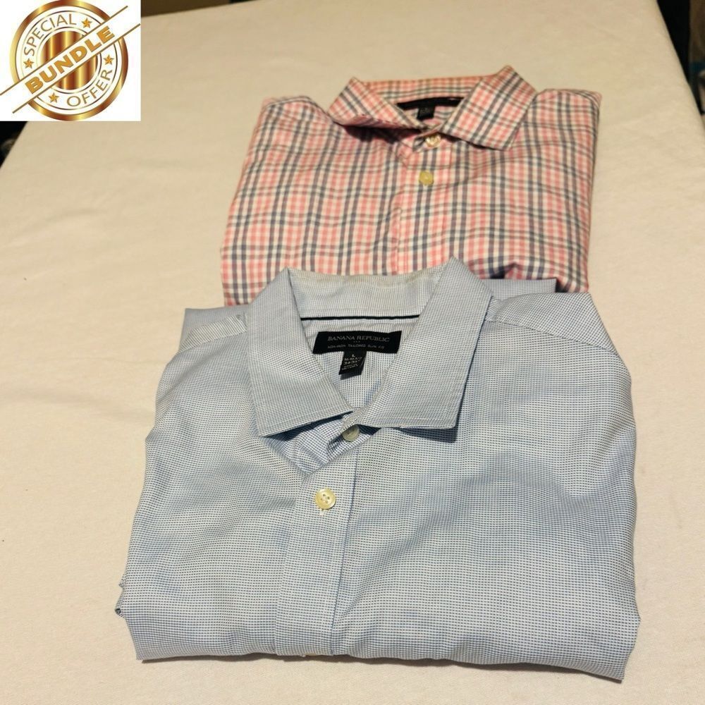 Bundle BANANA REPUBLIC  LOT 2 Men Large Blue and pinkish red blue plaid ‎ Shirt